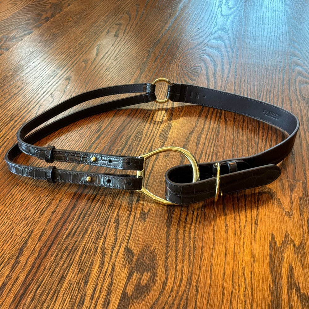 Lauren Ralph Lauren Brown Croc Embossed Leather Stirrup Belt Gold Buckle L EUC